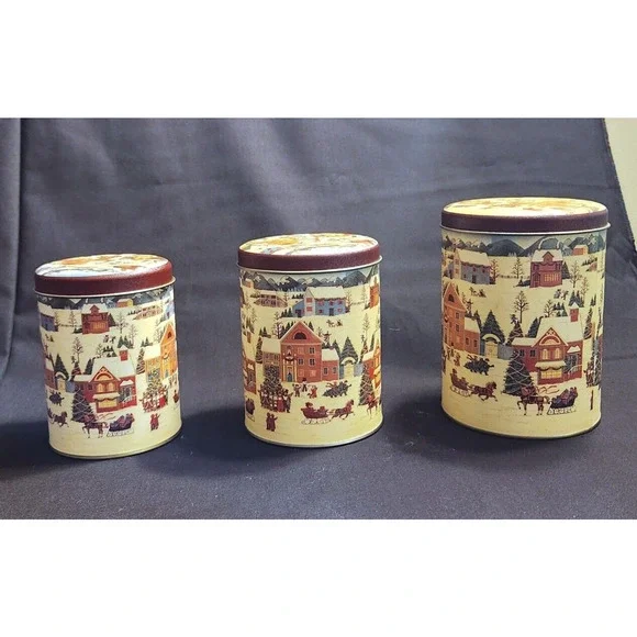 Christmas Tins with Snow Town Scene Looks New 3 pc 5 1/2", 5", 4 1/2" - Picture 4 of 7